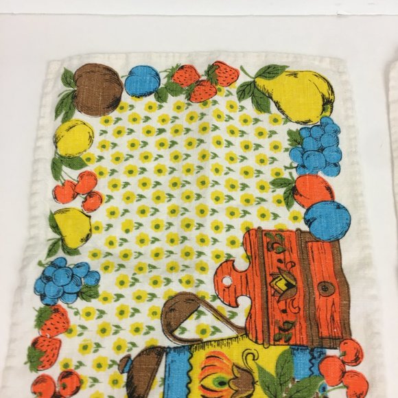 2 Vtg Retro Linen Cloth Fabric Rectangle Placemat Coffee Tea Fruit Flowers Theme - Picture 6 of 11